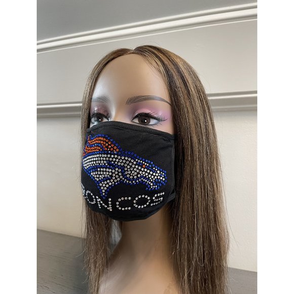 Denver Broncos Bling Rhinestone Face Mask Front Logo Clear Letters - Picture 4 of 10